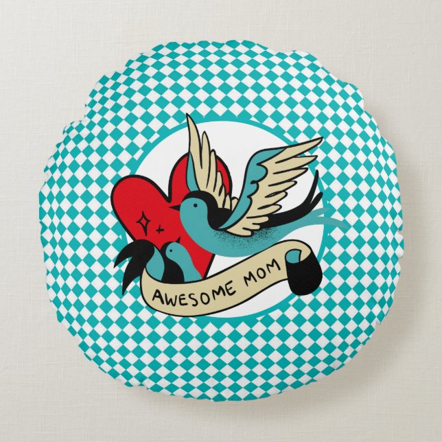 Almofada Redonda Mamãe Tattoo e Harlequin incríveis (Frente)