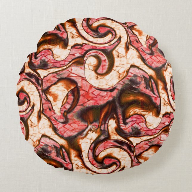Almofada Redonda manchas abstrato vermelho e coral com estilo lenho (Frente)