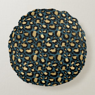Almofada Redonda Manchas de Leopardo Luxuosas Azul Escuro Glam Selv