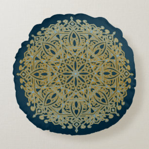 Almofada Redonda Mandala azul & Dourado complexa