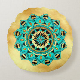 Almofada Redonda Mandala Azul Dourado Preto em Fundo Dourado Suave