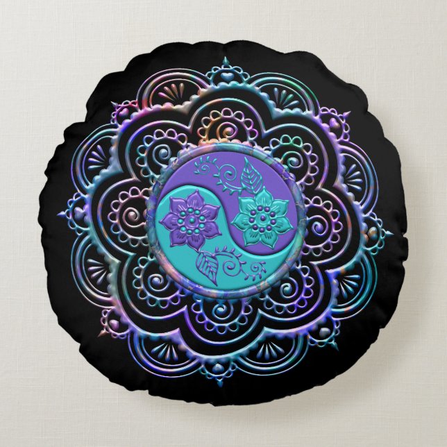 Almofada Redonda Mandala Azul e Roxo (Frente)