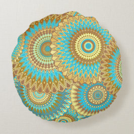 Almofada Redonda Mandala Azul Marrom Dourado Sobreposto