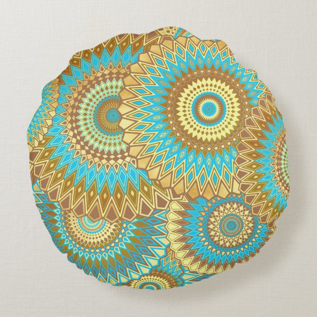 Almofada Redonda Mandala Azul Marrom Dourado Sobreposto (Verso)