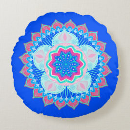 Almofada Redonda Mandala Azul Rosa sobre Fundo Azul