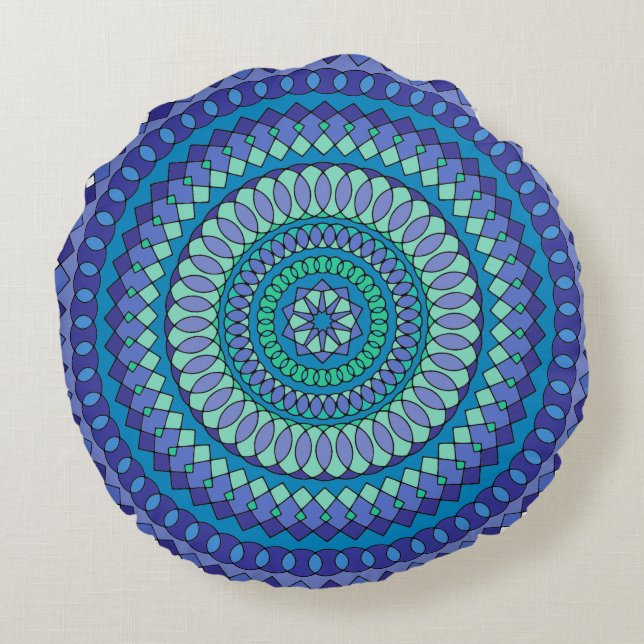 Almofada Redonda Mandala azul turquesa e azul-esverdeado (Verso)