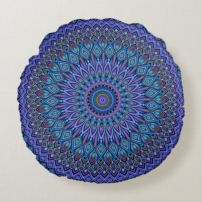 Almofada Redonda Mandala Boho Blue Teal Purple Pavão Dourado Magia (Frente)