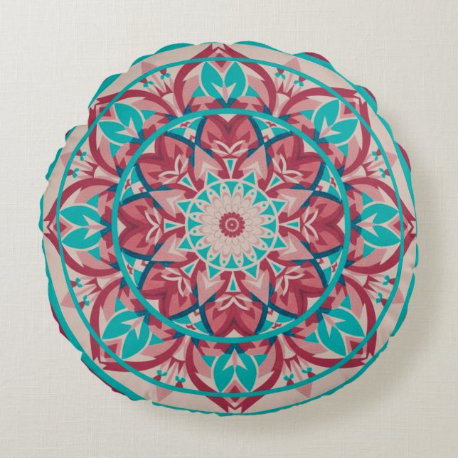 Almofada Redonda Mandala Boho Rosa e Turquesa   (Frente)