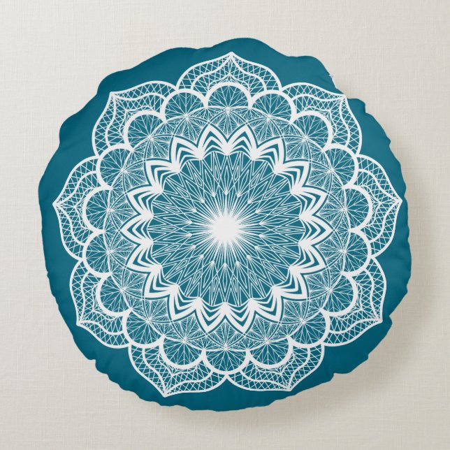 Almofada Redonda Mandala Branco em Fundo Azul (Verso)