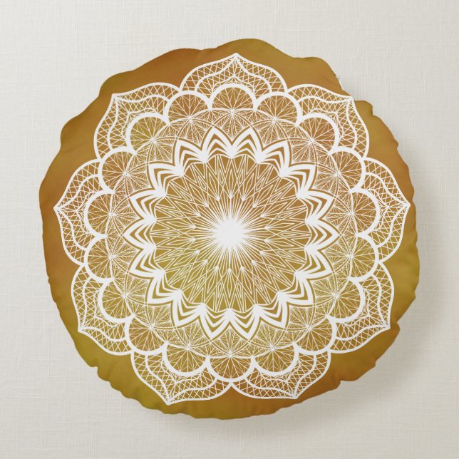 Almofada Redonda Mandala Branco em Fundo Dourado (Verso)