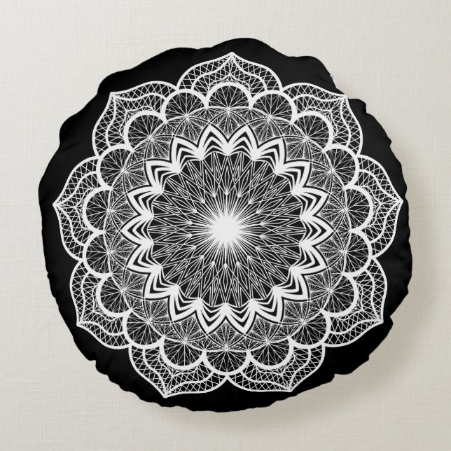 Almofada Redonda Mandala Branco em Fundo Preto (Verso)