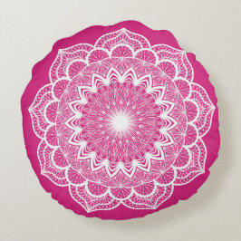 Almofada Redonda Mandala Branco em Fundo Rosa