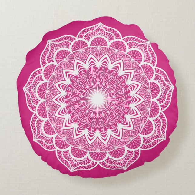 Almofada Redonda Mandala Branco em Fundo Rosa (Verso)