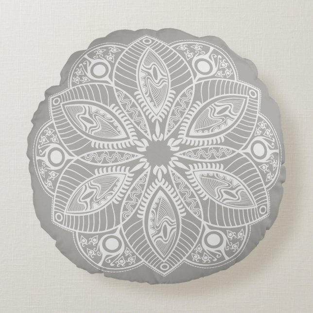 Almofada Redonda Mandala Branco Exótico em Fundo Cinza (Frente)