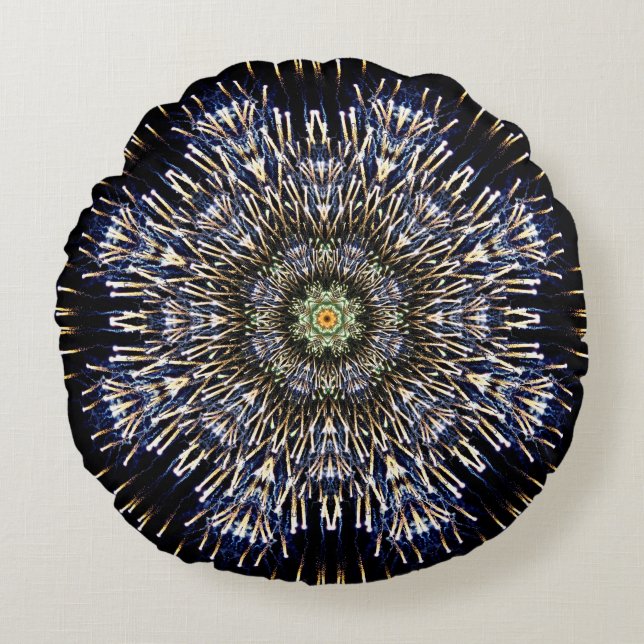 Almofada Redonda Mandala colorida do fogo-de-artifício (Frente)