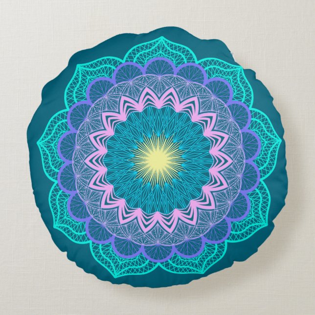 Almofada Redonda Mandala Colorida em Fundo Azul (Verso)