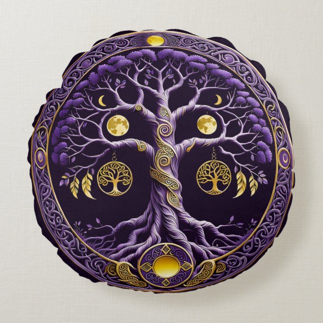 Almofada Redonda Mandalá da Árvore da Vida Roxo e Dourado (Frente)