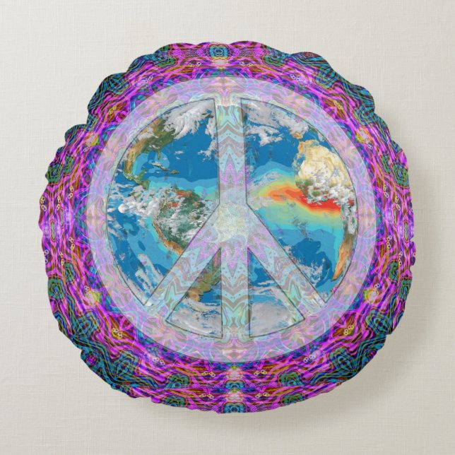 Almofada Redonda Mandala da paz de mundo (Frente)