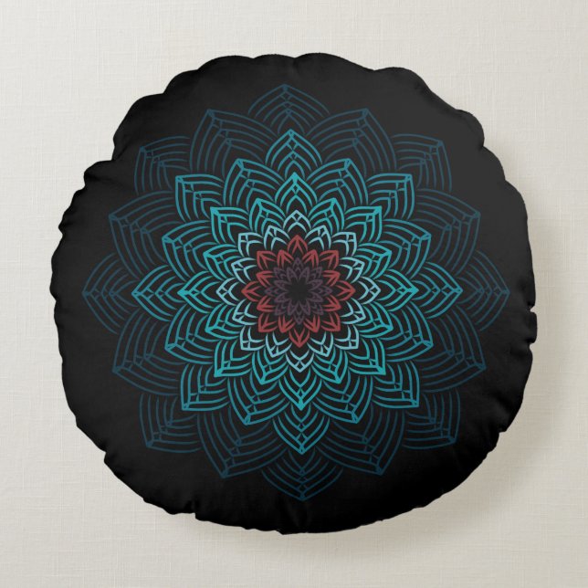 Almofada Redonda Mandala de Flor Aqua e Vermelha (Frente)