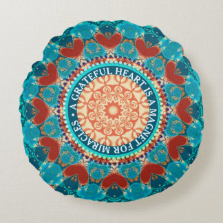 Almofada Redonda Mandala de Gratidão Aqua Teal Personalizável Citaç
