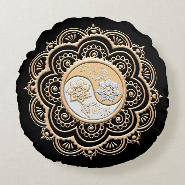 Almofada Redonda Mandala de Ouro & Prata (Frente)