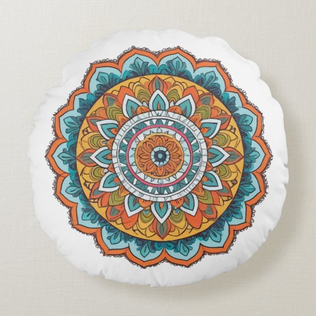 Almofada Redonda mandala de várias cores (Frente)