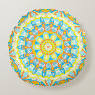 Almofada Redonda Mandala de Verão Amarelo Laranja Boho Floral Brilh