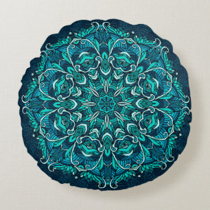 Almofada Redonda Mandala étnica azul. Cópia de rasto