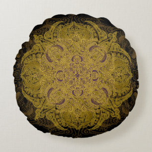 Almofada Redonda Mandala filigrana de Mehndi do ouro amarelo no