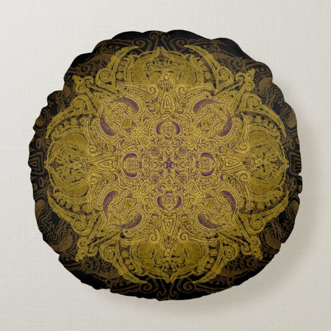 Almofada Redonda Mandala filigrana de Mehndi do ouro amarelo no (Frente)