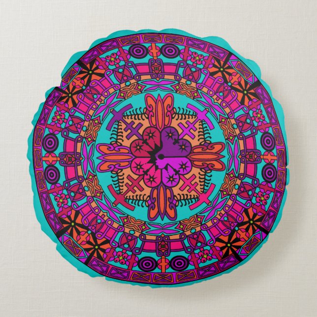 Almofada Redonda Mandala Floor Travesseiro Cushion - Teal (Frente)