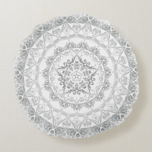 Almofada Redonda Mandala Floral Damasco Branco Cinza (Verso)