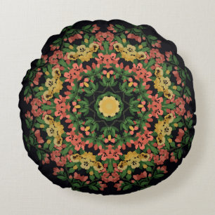 Almofada Redonda Mandala Floral: vermelha, vindima amarela.