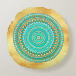 Almofada Redonda Mandala Íris Azul Marrom Dourado em Fundo Dourado
