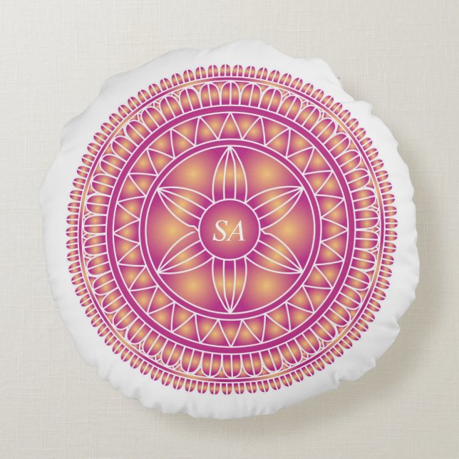 Almofada Redonda Mandalá Monogramado Dourado Roxo Branco (Verso)