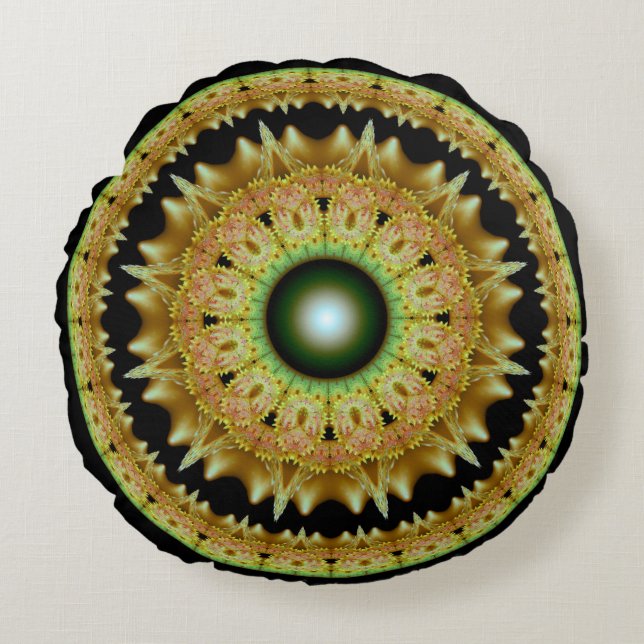 Almofada Redonda Mandala redonda fractal do ouro (Frente)