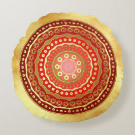 Almofada Redonda Mandala Vermelho Pontos Dourados em Fundo Dourado