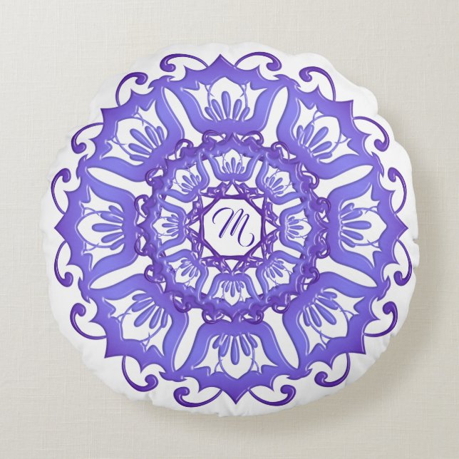 Almofada Redonda Mandala violeta floral. Monograma (Frente)