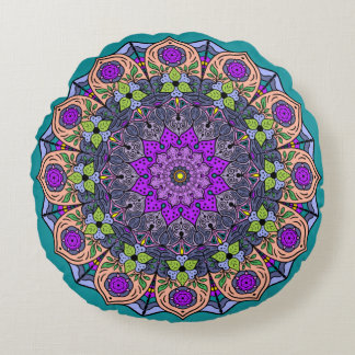 Almofada Redonda Mandala Violeta Pêssego Salmão Rosa Verde