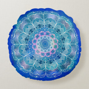 Almofada Redonda Mandala White Outline Blue Watercolor -