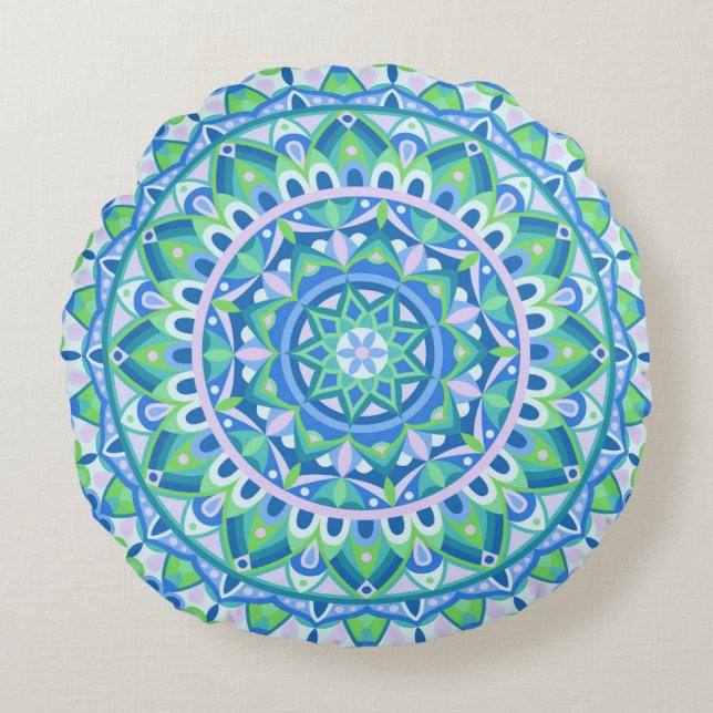 Almofada Redonda Mandalala Azul Boho Meditação Espiritual Hygge Dec (Frente)