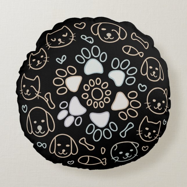Almofada Redonda Mandalas de Pata de Cachorro Fofo (Frente)