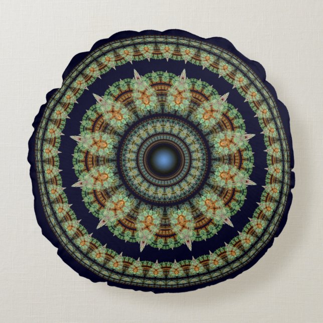 Almofada Redonda Mandalas fada fractal verde (Frente)