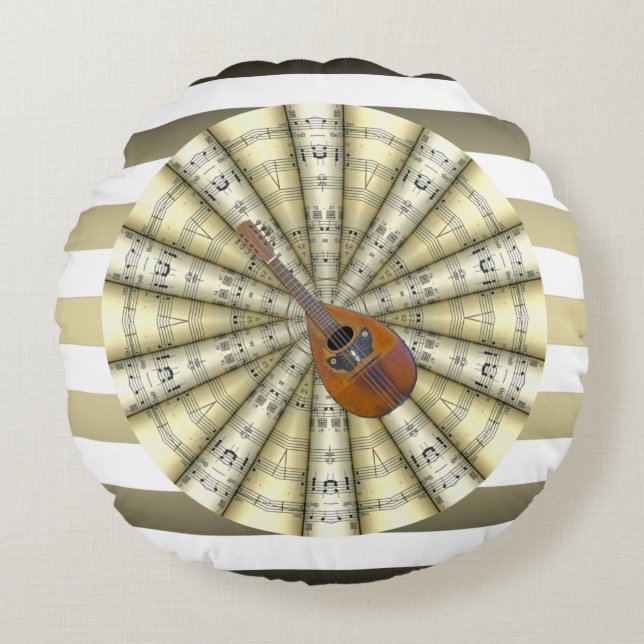 Almofada Redonda Mandolin ~ Rolled Sheet Music~ Striped Background~ (Frente)