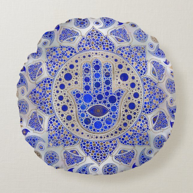 Almofada Redonda Mão de Hamsa sobre a Mãe de Pérola (Frente)