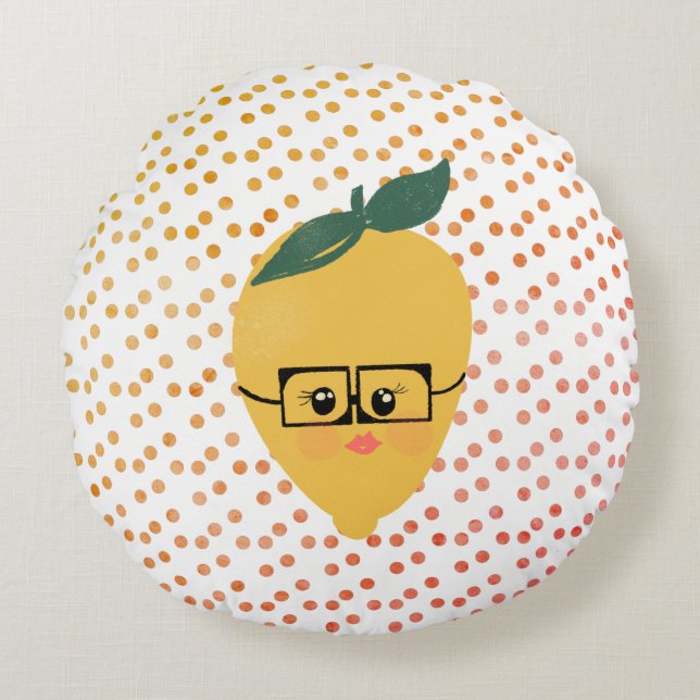 Almofada Redonda Mão Desenhada De Mão De Limão De Verão (Frente)