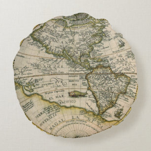 Almofada Redonda Mapa Antigo, 1596, America Sive Novus Orbis