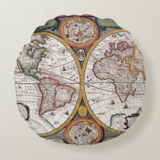 Almofada Redonda Mapa antigo antigo inspirado (12) (Frente)
