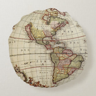 Almofada Redonda Mapa Antigo das Américas por Johannes De Ram