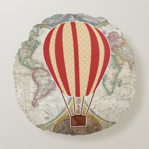 Almofada Redonda Mapa do mundo do balão de ar quente da aventura d